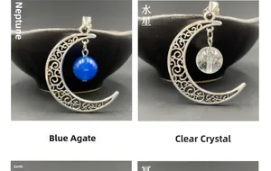 Détail du pendentif lune évidé avec perles en agate bleue et cristal de roche blanc