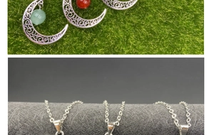 Collier avec pendentif lune évidée et gemmes célestes colorées en alliage argenté