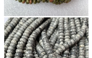 Detalle de cuentas de ábaco de ojo de tigre y granito verde para creación de joyería DIY