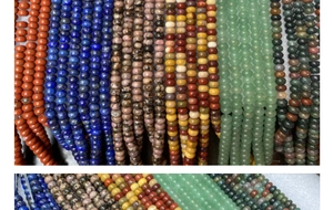 Detailed view of assorted natural stone abacus beads including lapis and agate for DIY jewelry