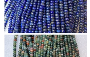 Detailed macro shot of natural lapis lazuli and multi-color chalcedony abacus beads for DIY
