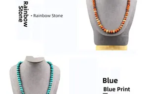 Detail view of Rainbow Stone and Blue Print natural stone beaded necklaces on a bust
