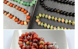 Detail of handcrafted multi-color natural stone abacus beads on woven necklace
