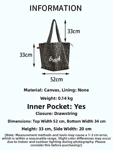 Größentabelle für große Canvas-Tragetasche mit Leopardenmuster und Kordelzug-Details