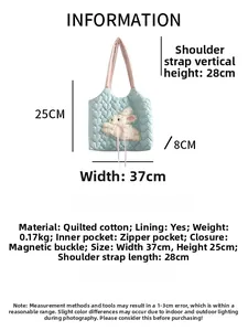 Detailed dimension guide for the quilted canvas tote featuring rabbit embroidery