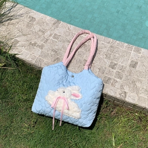 Heart Pattern Quilted Tote Bag Sweet Plush Rabbit Decor Shoulder Bag Large Capacity For Students