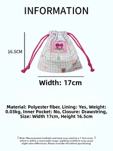 Detailed spec view of cartoon drawstring pouch with 17cm x 16.5cm dimensions