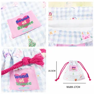Cute cartoon drawstring storage bag with blue checkered pattern and bear print