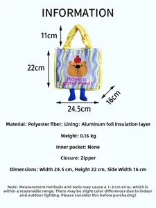 Size guide for cute cartoon thermal lunch bag with polyester and aluminum foil insulation