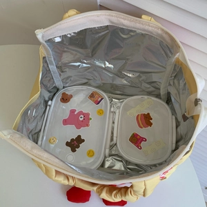 Detail of insulated lunch bag with thermal foil lining and two cute cartoon bento boxes