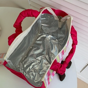 Detail of insulated lunch bag showing thick aluminum foil lining and striped canvas fabric