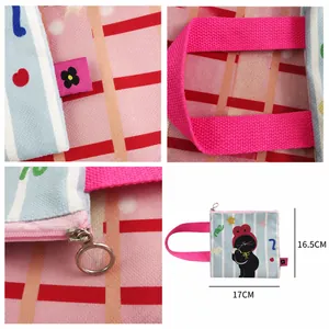 Schattig gestreept tasje met kattenprint, roze handvatten en ritssluiting, 17x16,5cm