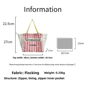 Size chart showing large capacity pink plaid tote bag with detailed dimensions