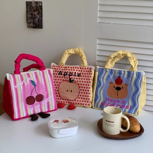 Cute Cartoon Insulated Lunch Bag Oxford Cloth Thermal Handbag With Ruffled Handle And Decorative Feet For School Office