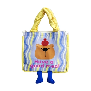 Cute cartoon bear insulated lunch bag with yellow handles and blue decorative feet
