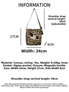 Detail view of leopard print canvas bag showing dog embroidery, size 24x27x8cm and structure