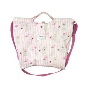 Pink striped canvas tote bag with cute dog patterns and adjustable shoulder strap