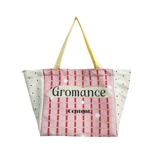 Canvas tote bag featuring pink checkerboard and black polka dots with yellow handles