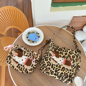 Retro Leopard Print Canvas Crossbody Bag And Pouch With Cute Dachshund Embroidery Patch For Women Casual Shoulder Handbag