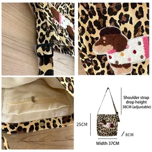 Leopard print canvas tote bag with embroidered dachshund and adjustable shoulder strap