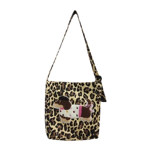 Retro leopard print canvas tote bag with 3D dachshund puppy embroidery patch