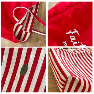 Striped red canvas tote bag with Faith print and handmade metal badge decoration