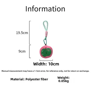 Size chart showing a plush pink apple bag charm with embroidery and dimensions