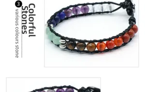 Détail de pierres naturelles colorées tissées sur un bracelet en cuir noir avec fermoir bouton