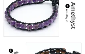 Détail macro de bracelets en cuir tressé avec perles d'améthyste et d'oeil de tigre