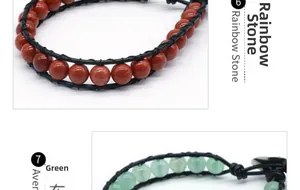 Détail de bracelets tressés en cuir faits main avec pierre arc-en-ciel et aventurine verte