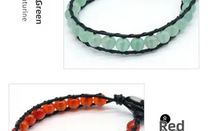 Vue détaillée des bracelets tressés avec de l'aventurine verte et des perles de pierre rouge