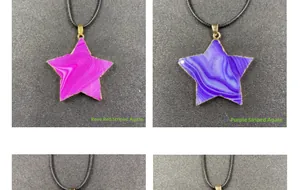Detalle de colgantes estrella de ágata a rayas rosa y púrpura con bordes dorados