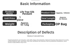 Detailed chart showing size, weight, and material specifications for Life Tree wire-wrapped pendants