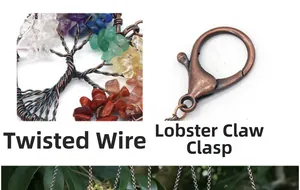 Detail of handmade wire-wrapped heart pendant with natural crystals and bronze lobster clasp