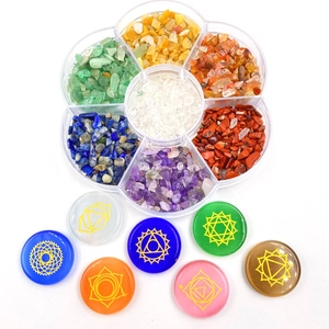 Set de Piedras de Cristal de Sanación de Chakra Naturales Meditación Yoga Energía Con Símbolos Pulidos y Caja de Almacenamiento de Flor Piedras Decorativas