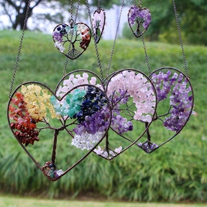 Tree Of Life Heart Shaped Hanging Ornament Natural Crushed Crystal Stones Wire Wrapped Home Decor Garden Car Window Decor