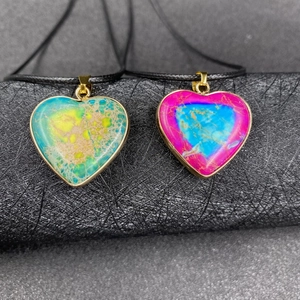 Colorful emperor stone heart pendants with gold plating and adjustable wax cords