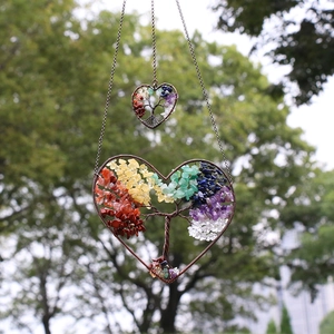 Handmade copper wire heart Tree of Life hanging decor with colorful natural gemstones