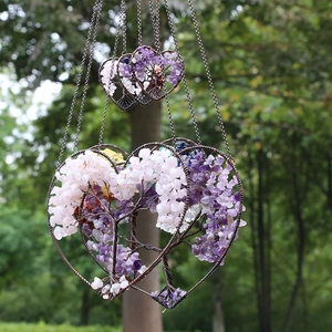 Handmade Tree of Life crystal heart hanging ornaments with amethyst and rose quartz stones