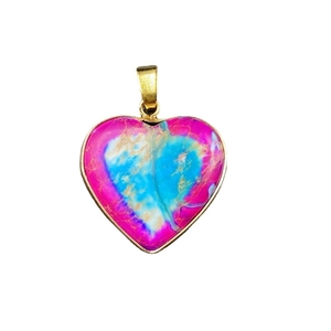 Bohemian colorful heart pendant with blue and pink marble stone and gold plated edging