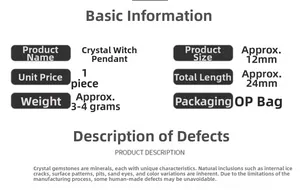 Detailed size specifications for crystal witch pendant showing 12mm width and 24mm length