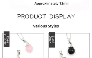 Detail view of 12mm rose quartz and black agate witch crystal ball pendants