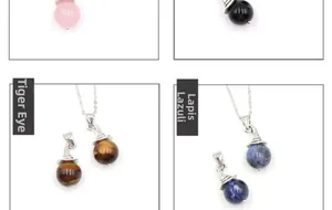 Detail of assorted gemstone witch hat pendants including rose quartz and tiger eye