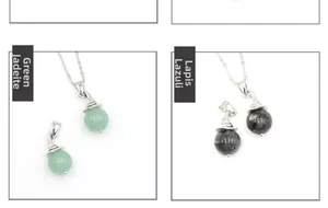 Detail of Green Aventurine and Labradorite spherical gemstone witch hat necklaces