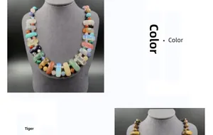 Détail d'un collier en pierres naturelles avec turquoise et oeil de tigre sur un buste