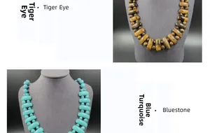 Détails de colliers multicouches en œil de tigre et turquoise sur support à bijoux