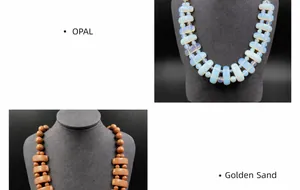 Detail view of multi-layer beaded necklaces with natural Opal and Golden Sand stones