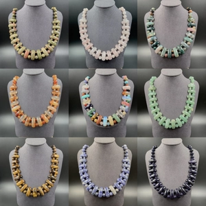 Collier de Perles en Pierre Naturelle Forme Trapèze pour Femme Ethnique Bohème Oeil de Tigre Quartz Rose Agate Bijoux