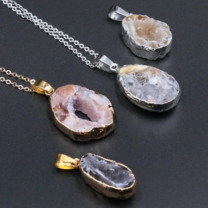 Natural Brazilian agate geode hollow pendant with gold and silver electroplated edges