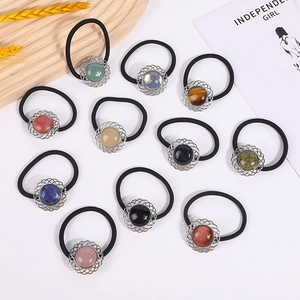 Élastique à Cheveux en Pierre de Cristal Naturel Rétro Fleur en Métal Ajouré Accessoires de Coiffure Quartz Agate pour Femme